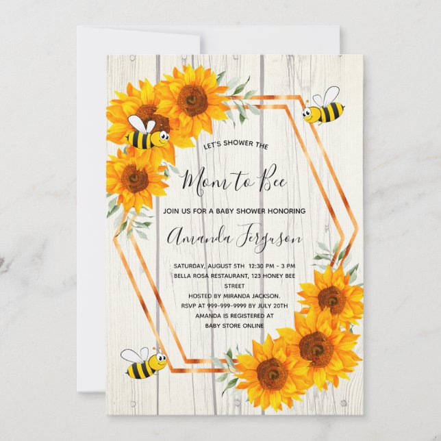 Rustic Bee Baby shower sunflowers white wood Invitation (Front)