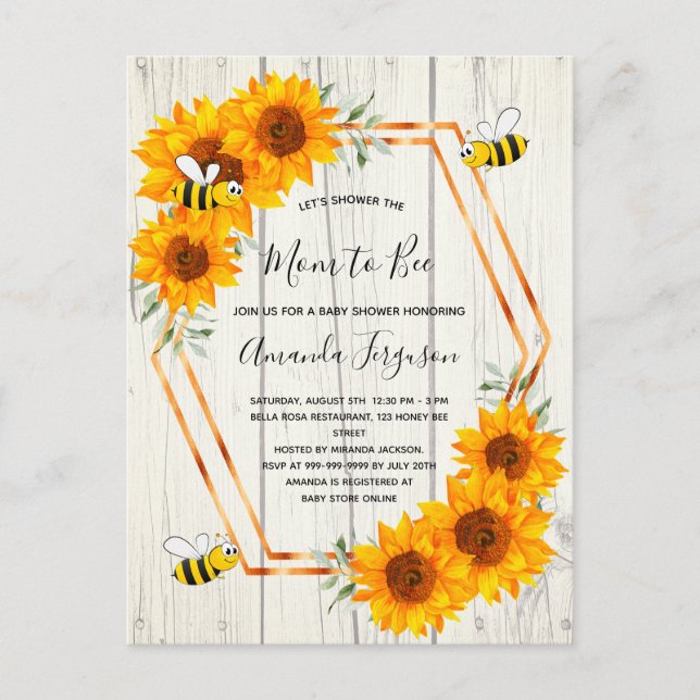 Rustic bee baby shower sunflowers wood invitation postcard (Front)