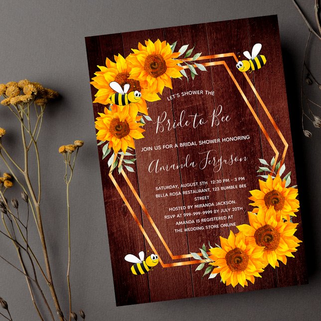 Rustic Bee Bridal shower sunflowers brown wooden Invitation (Creator Uploaded)