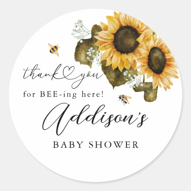 Rustic Bee Sunflower Baby Shower Favour Classic Round Sticker (Front)