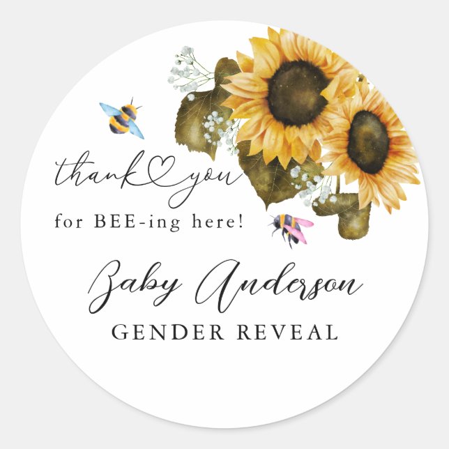 Rustic Bee Sunflower Gender Reveal Party Favour Classic Round Sticker (Front)