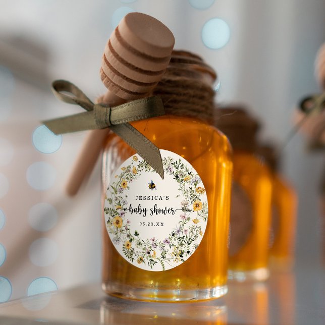 Rustic Bee Wildflower Baby Shower Round Sticker (Creator Uploaded)