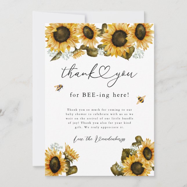 Rustic Bee Yellow Sunflowers Baby Shower Thank You Card (Front)