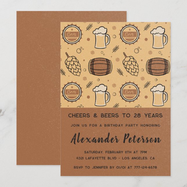 Rustic Beer 28th birthday invitations Men  (Front/Back)