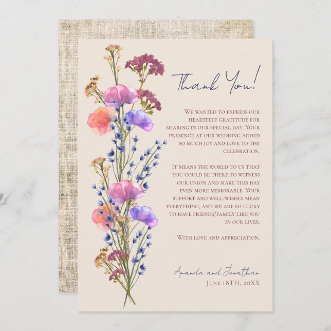 Rustic Beige Acrylic Floral Photo Thank You  Card (Front/Back)
