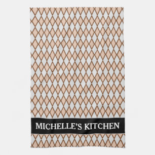 Rustic Beige and Grey Diamond Shape Pattern + Name Tea Towel