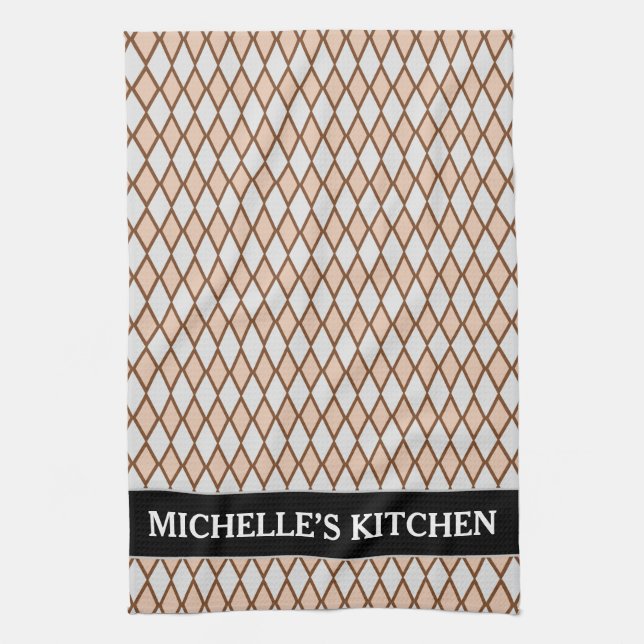 Rustic Beige and Grey Diamond Shape Pattern + Name Tea Towel (Vertical)