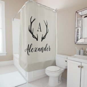 Rustic Beige Antler Monogram Farmhouse Bathroom Shower Curtain