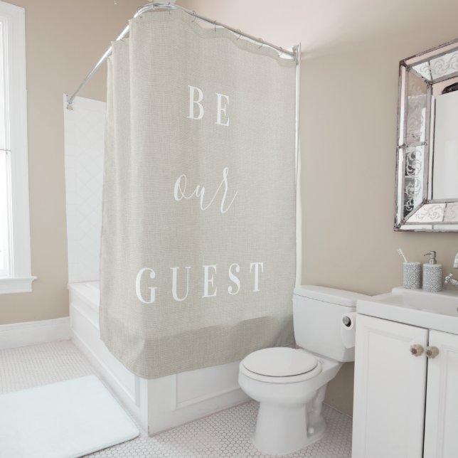 Rustic Beige Be Our Guest | Farmhouse Bathroom Shower Curtain (In Situ)