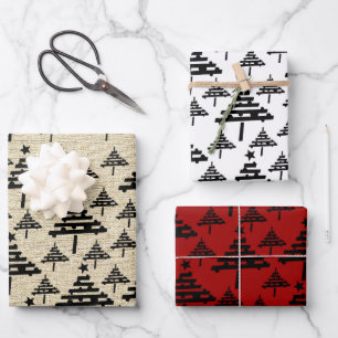 Rustic Beige Black Red Christmas Tree Pattern Wrapping Paper Sheet