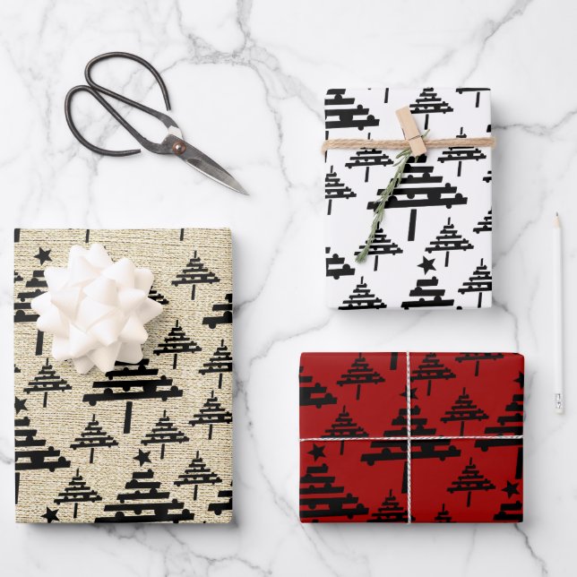 Rustic Beige Black Red Christmas Tree Pattern Wrapping Paper Sheet (Front)