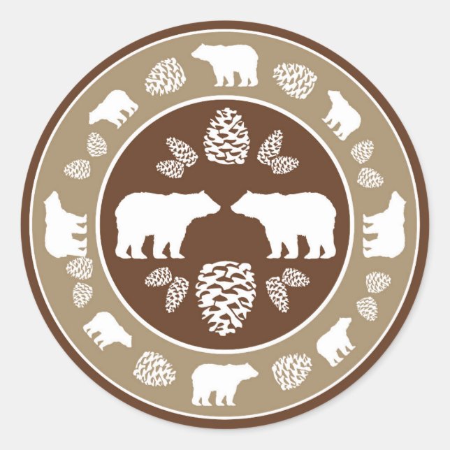 Rustic beige brown bear pinecone round stickers (Front)