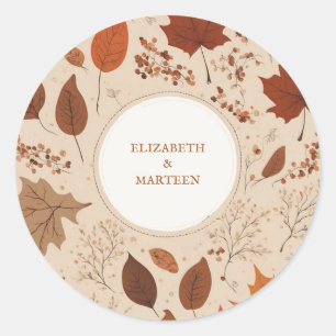 Rustic Beige Brown Maple Leaves Autumn Wedding Classic Round Sticker