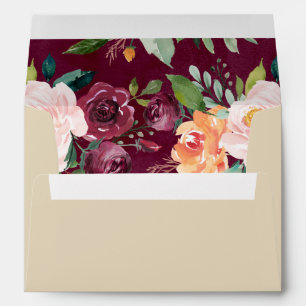 Rustic Beige Burgundy Floral Watercolor Wedding Envelope