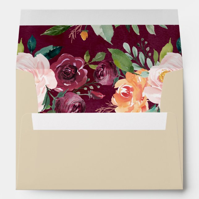 Rustic Beige Burgundy Floral Wedding Envelope (Back (Bottom))