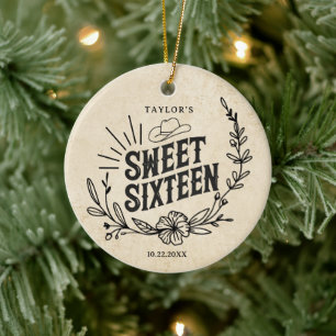 Rustic Beige Cowgirl Sweet Sixteen Photo Keepsake Ceramic Tree Decoration