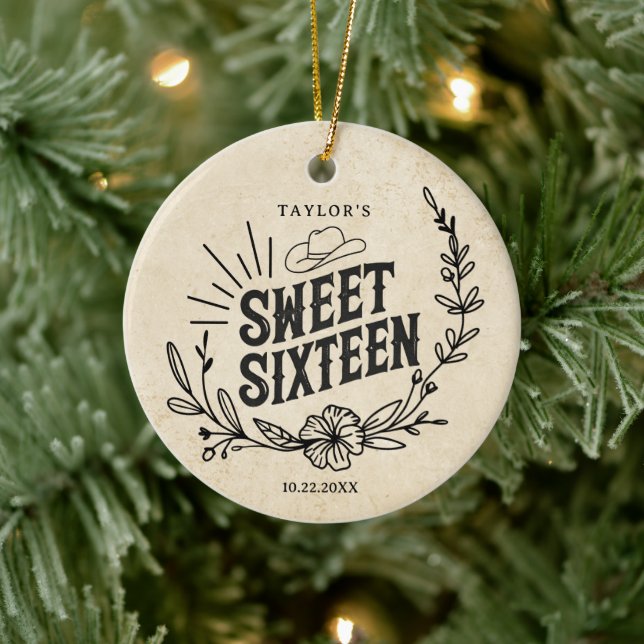 Rustic Beige Cowgirl Sweet Sixteen Photo Keepsake Ceramic Tree Decoration (Tree)