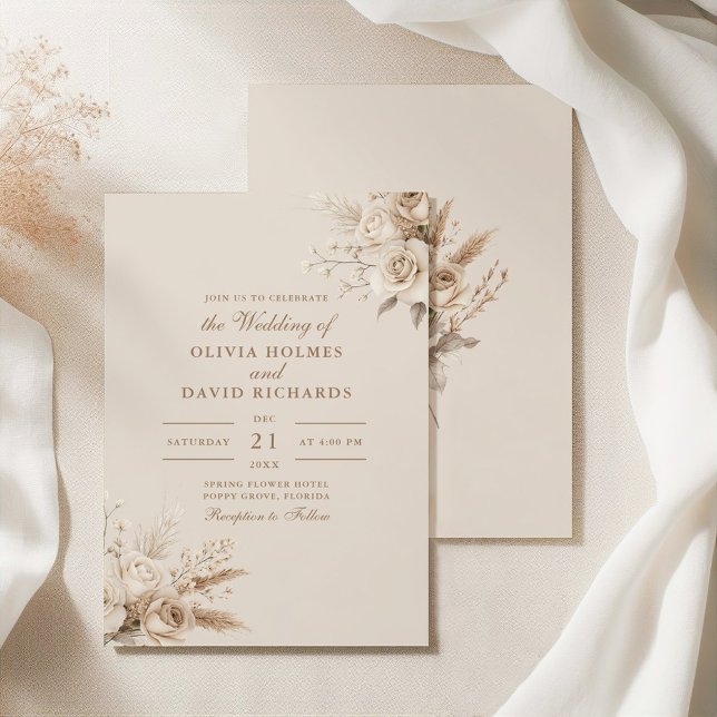 Rustic Beige Dried Flower & White Roses Wedding Invitation (Rustic Beige Dried Flower & White Roses Wedding Invitation on an elegant silky tablecloth.)