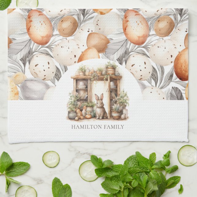 Rustic Beige Easter Rabbit Family Name Tea Towel (Folded)