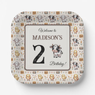 Rustic Beige Farm Animals Cow Birthday Paper Plate