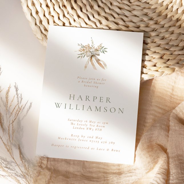 Rustic Beige Floral Bouquet & Bow Bridal Shower Invitation (Creator Uploaded)