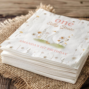 Rustic Beige Floral One Silly Goose 1st Birthday Napkin