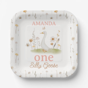 Rustic Beige Floral One Silly Goose 1st Birthday Paper Plate