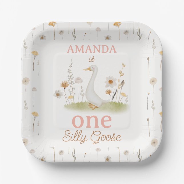 Rustic Beige Floral One Silly Goose 1st Birthday Paper Plate (Front)