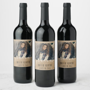 Rustic Beige Graduate Photo Graduation Party Wine Label