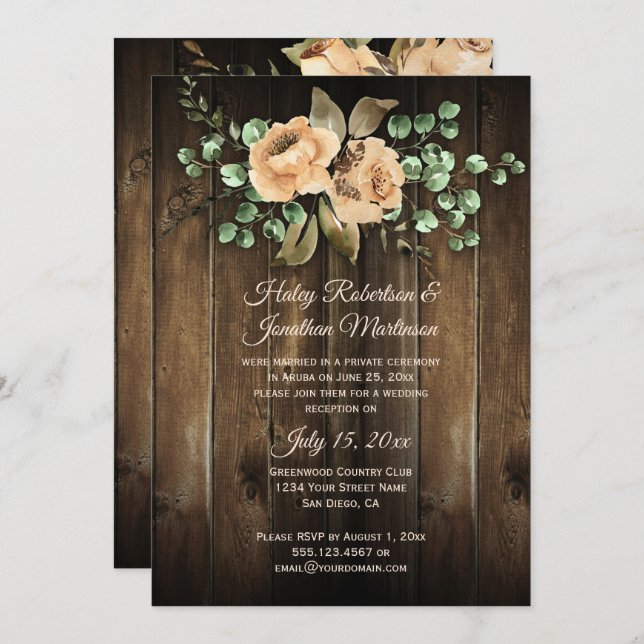 Rustic Beige Latte Roses Barn Wood Reception Only Invitation (Front/Back)