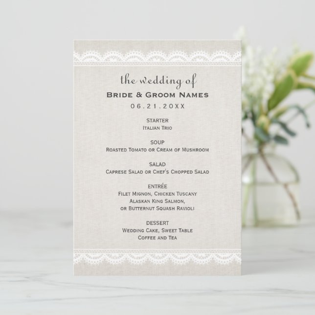 Rustic Beige Linen and Lace Wedding Menu (Standing Front)