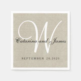 Rustic Beige Linen Monogram Wedding Paper Napkins