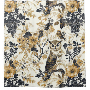 Rustic Beige Owl Woodland Floral Pattern Shower Curtain