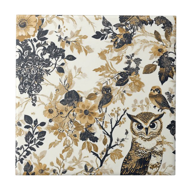 Rustic Beige Owl Woodland Floral Pattern Tile (Front)