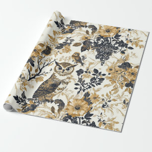 Rustic Beige Owl Woodland Floral Pattern Wrapping Paper