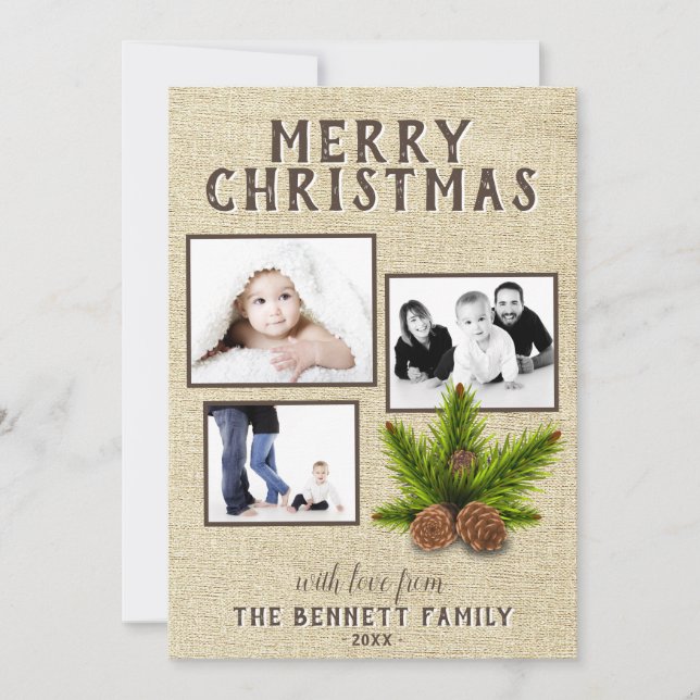 Rustic Beige Pine 3 Photo Christmas Holiday Card (Front)