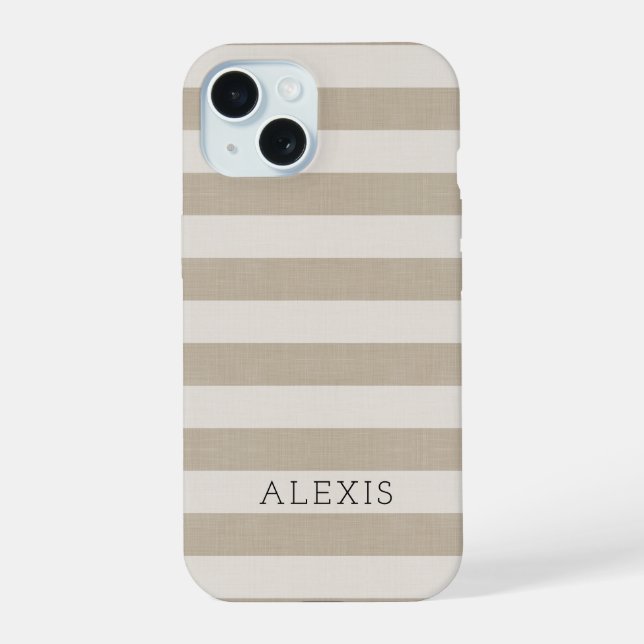 Rustic Beige Stripes Monogrammed iPhone 15 Case (Back)