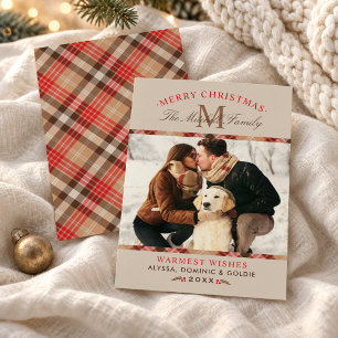 Rustic Beige Tartan Plaid Christmas Monogram Photo Holiday Card