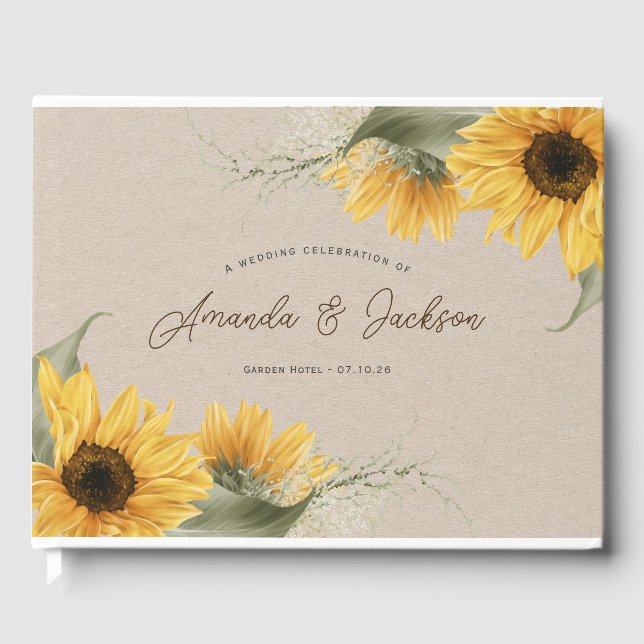 Rustic beige watercolor sunflower elegant wedding  guest book (Front)