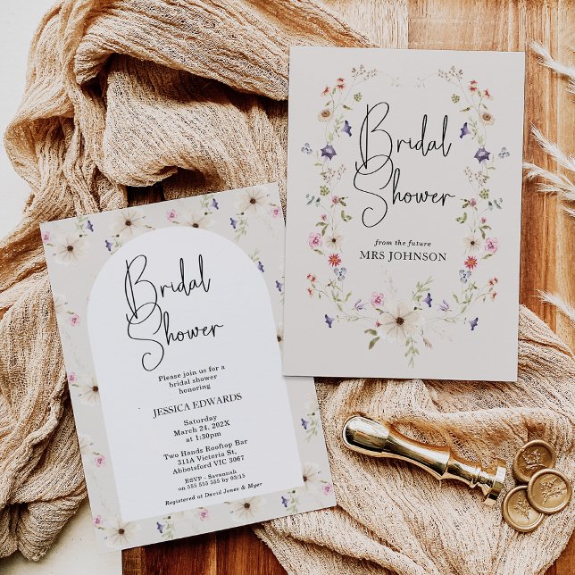 Rustic Beige Watercolor Wildflower Bridal Shower  Invitation (Beige Wildflower Bridal Shower Invitation, Rustic Modern Wildflowers Wreath, Arch, Wildflowers )