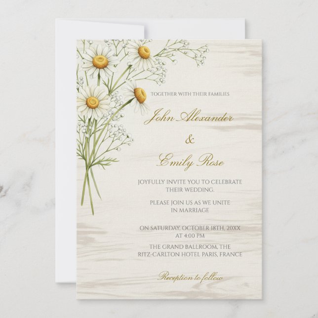 Rustic Beige Wedding Invitation with Daisy Florals (Front)