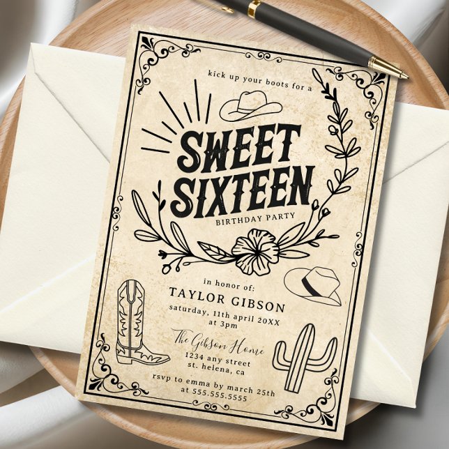 Rustic Beige Western Cowgirl Sweet Sixteen Invitation (Rustic cowgirl Sweet Sixteen birthday invitation with western design.)