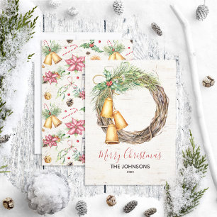 Rustic Bell Wreath Birch Watercolor Floral Holiday Card