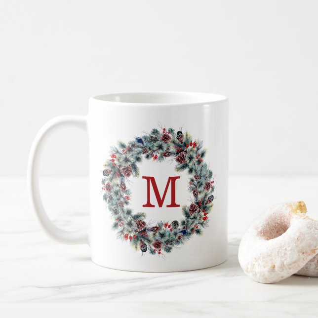 Rustic Berries and Pine | Holiday Monogram Coffee Mug (With Donut)