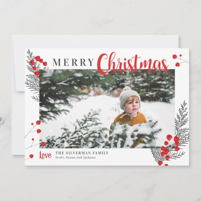 Rustic Berries White and Red Christmas Photo Holiday Card (Front)