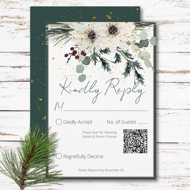 Rustic Berries Winter Floral QR Code Wedding  RSVP Card (Rustic Berries Winter Floral QR Code Wedding RSVP Card)