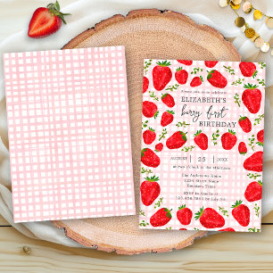 Rustic Berry First Red Strawberry 1st Birthday Invitation