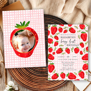 Rustic Berry First Strawberry 1st Birthday Photo Invitation