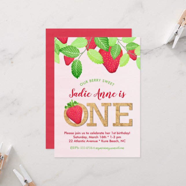 Rustic Berry Sweet Strawberry 1st Birthday Girl Invitation (Front/Back In Situ)