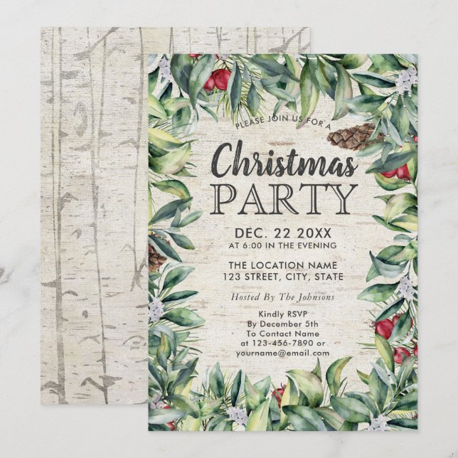 Rustic Berry Winter Greenery Birch Christmas Party Invitation (Front/Back)
